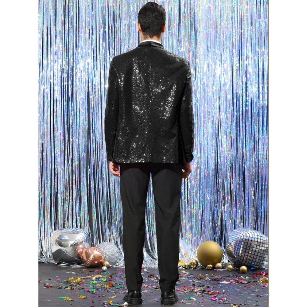 Sequin Sport Coats Shawl Lapel One Button Wedding Shiny Blazer Black - Picture 5 of 6